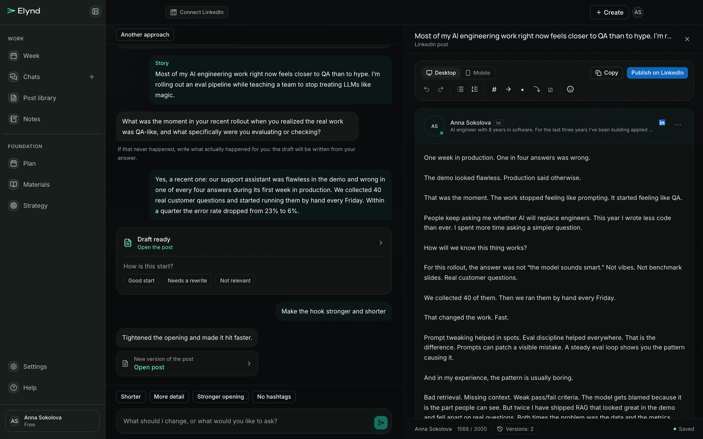 The chat and a post draft in Elynd