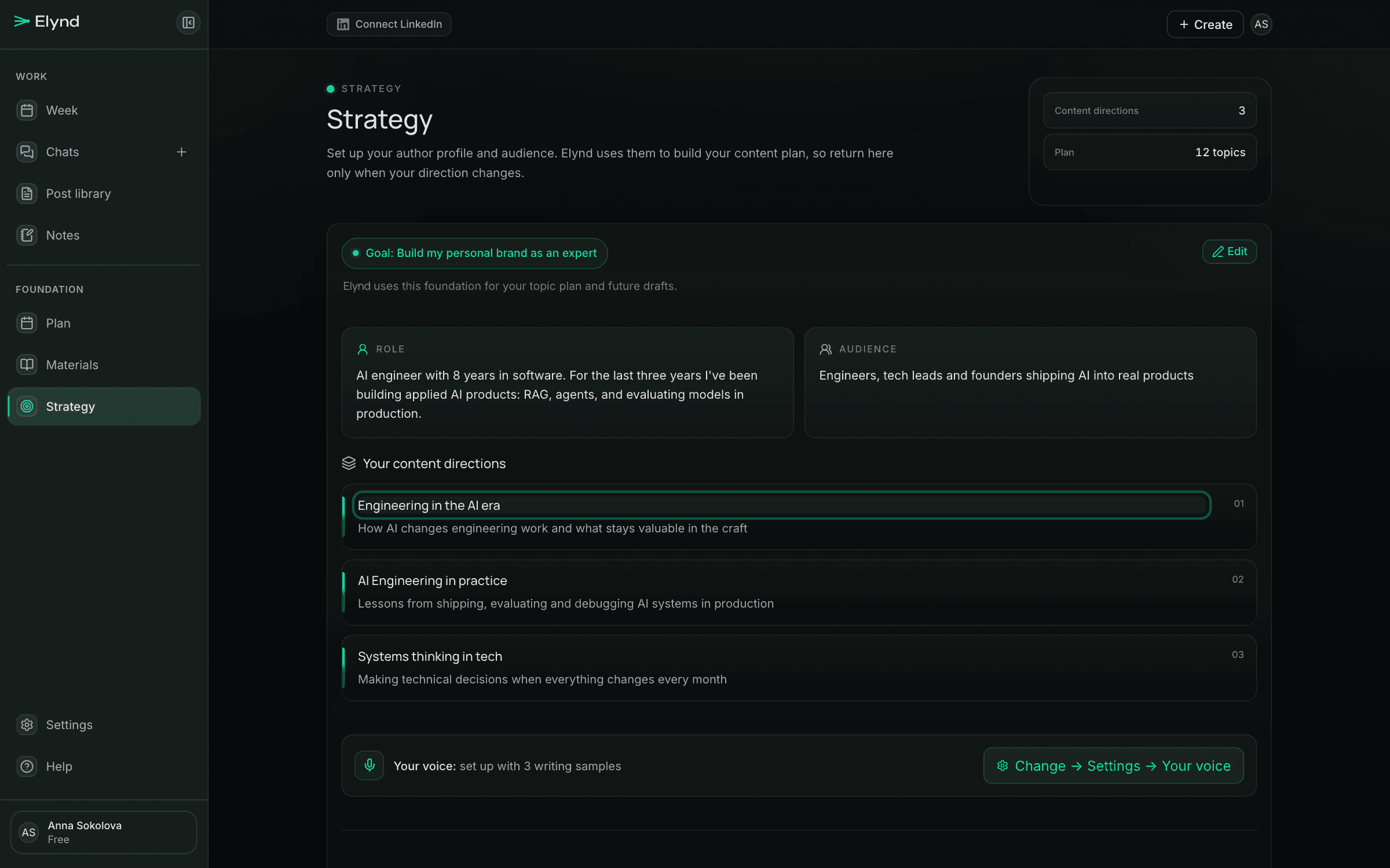 The Elynd strategy screen: role, audience and three content directions, one of them highlighted