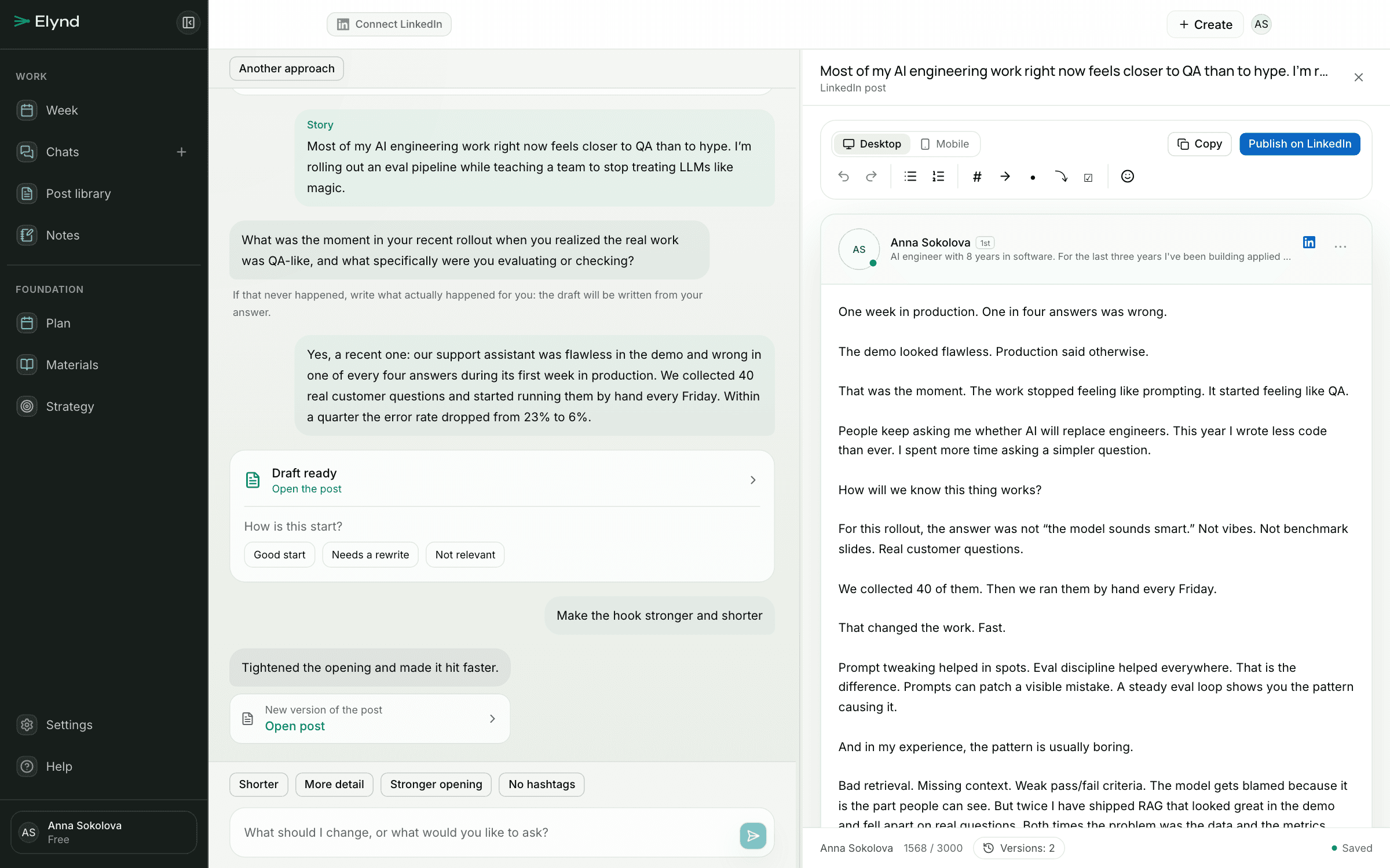The chat and a post draft in Elynd
