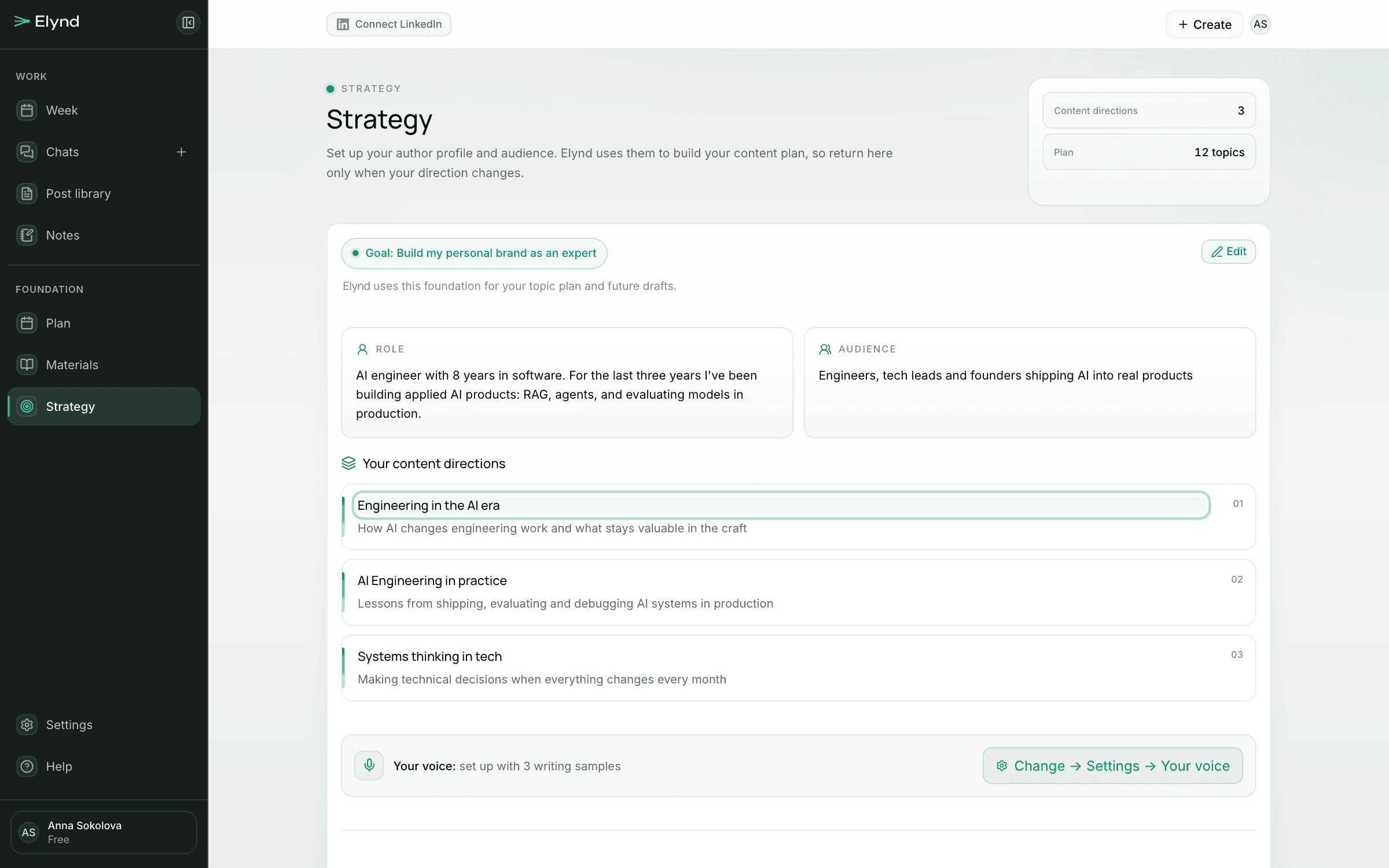 The Elynd strategy screen: role, audience and three content directions, one of them highlighted